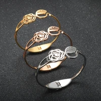 high quality camellia rose flower bangle for women leaves shine bangles bracelet stainless steel fashion brand wedding jewelry