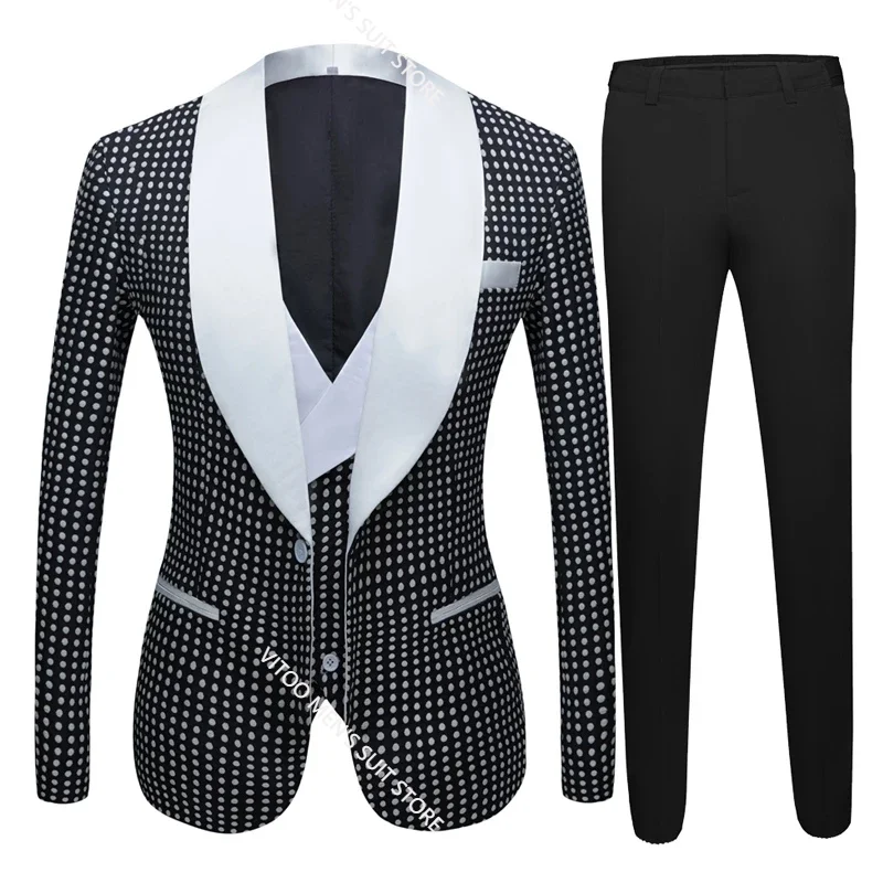 

Black Prom Suits For Men With Dots 3 Pieces Slim Fit Wedding Groom Tuxedos Man Set Suit Blazer Pants Fashion CLothes Tailor-Made