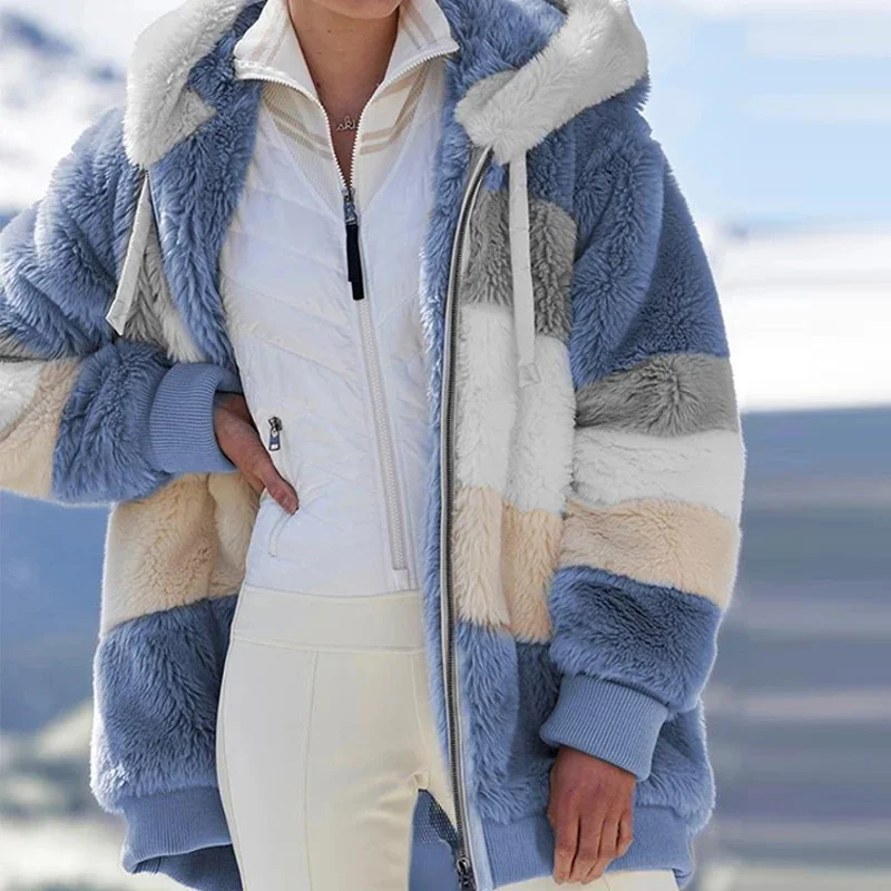 

Women Coat New Plush Warm Fashion Patchwork Jacket Female Casual Parka Pocket Hooded Jacket Winter Zipper Overcoat Outerwear