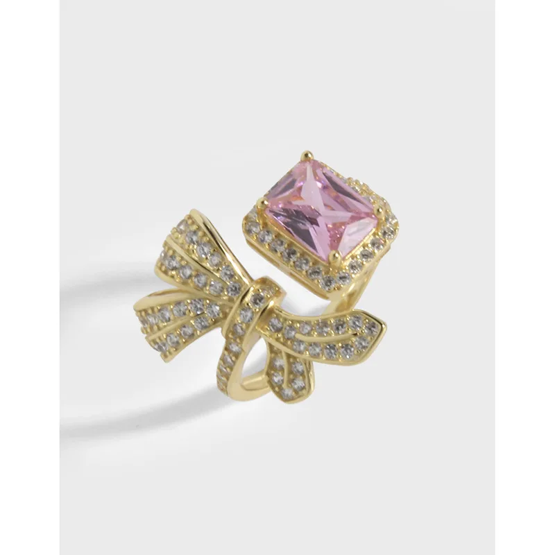 

100% 925 Sterling Silver Open Ring Simple light luxury bow pink purple zircon ring For Women Wedding Engagement Hot Jewelry