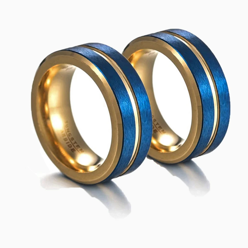 

Gold Blue Wedding Band Men Women Tungsten Wedding Ring With Blue Groove Flat Band 8MM Comfort Fit Anniversary Jewelry