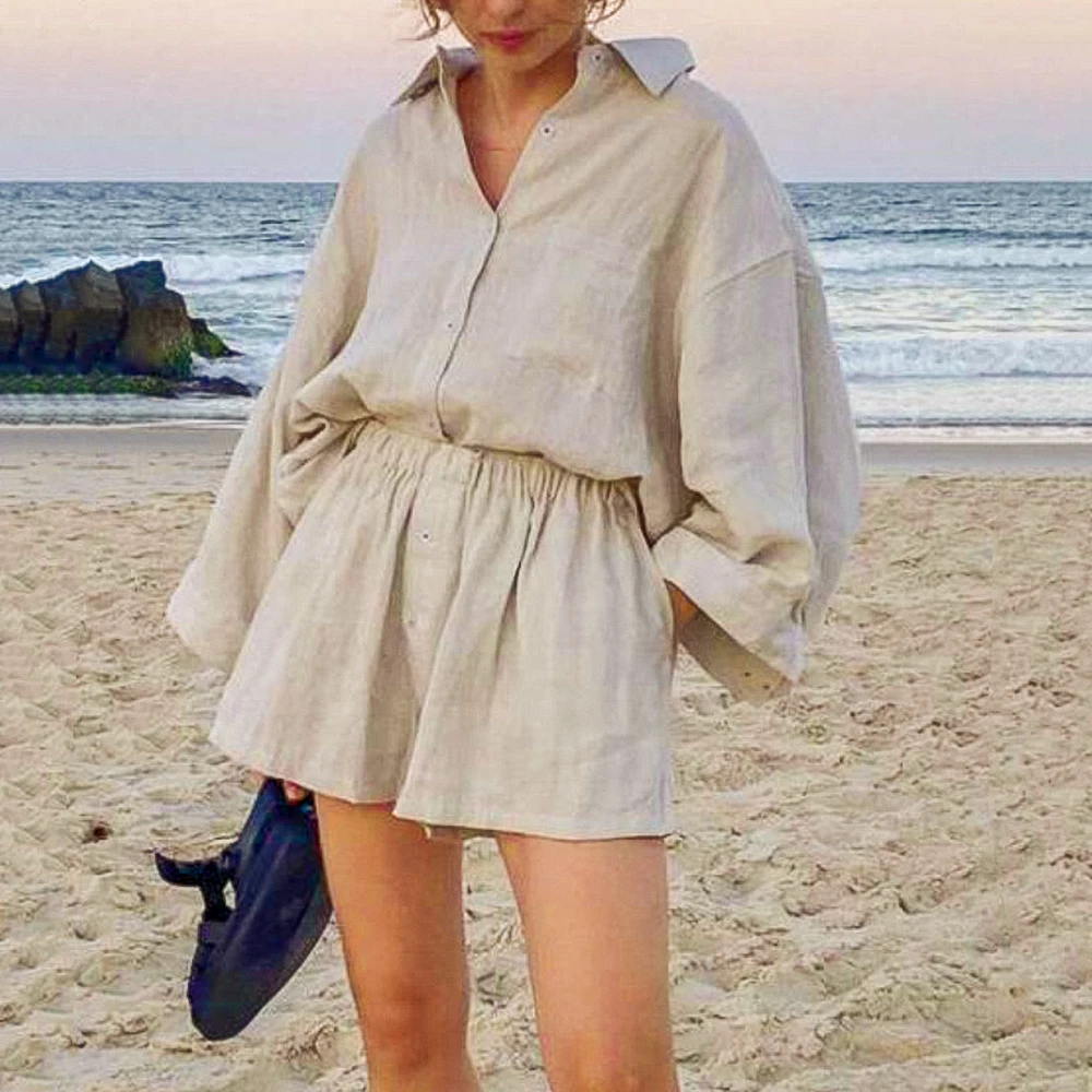 

ZOGAA Summer Two Piece Set Women 2021 Cotton Shorts Sets Vintage Boho Oversized Shirt High Waist Loose Shorts Mujer Sets