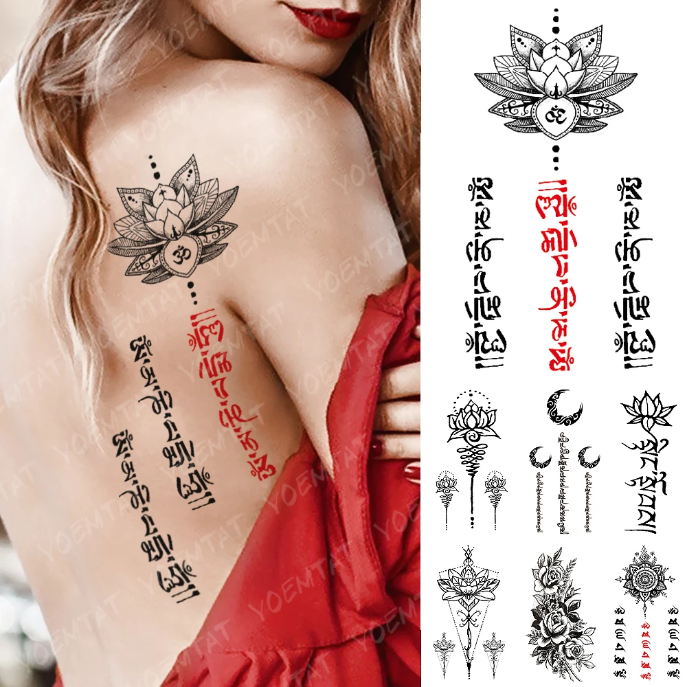 

Waterproof Temporary Tattoo Sticker Yoga Lotus Totem Flash Tattoos Red Black Word Indian Body Art Arm Fake Tatoo Women Men