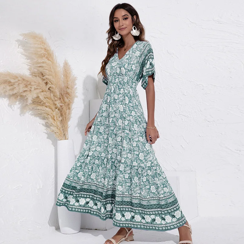 

2021 Spring New Bandage Dress Women Casual Short Sleeve Button Floral Print Dress For Woman Summer Holiday Style Dress