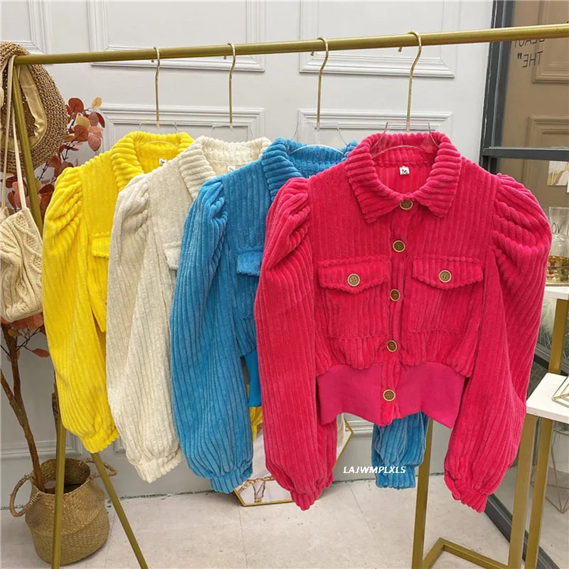 Винтажная Женская Вельветовая куртка элегантный отложной воротник длинные