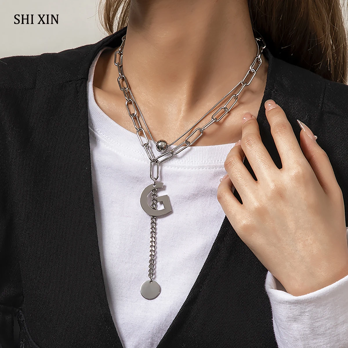 

SHIXIN Stainless Steel Chain With Letter/Coin Pendants Necklace for Women Fashion Layered Choker Necklaces 2021 Jewelry for Neck