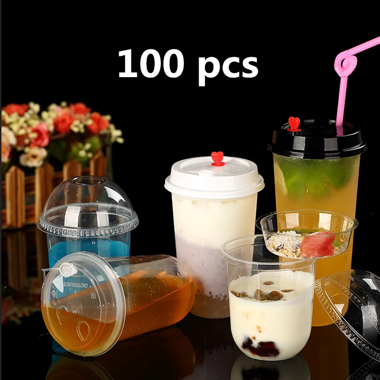

100PCS Plastic Cups With Dome Lids for Iced Cold Drink Coffee Tea Smoothies Sodas Water Party Disposable Tableware dessert cups
