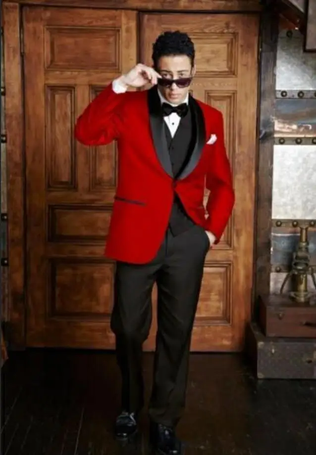 Красный Жених Черная шаль отворот жениха Свадебный костюм из 3 предметов модный