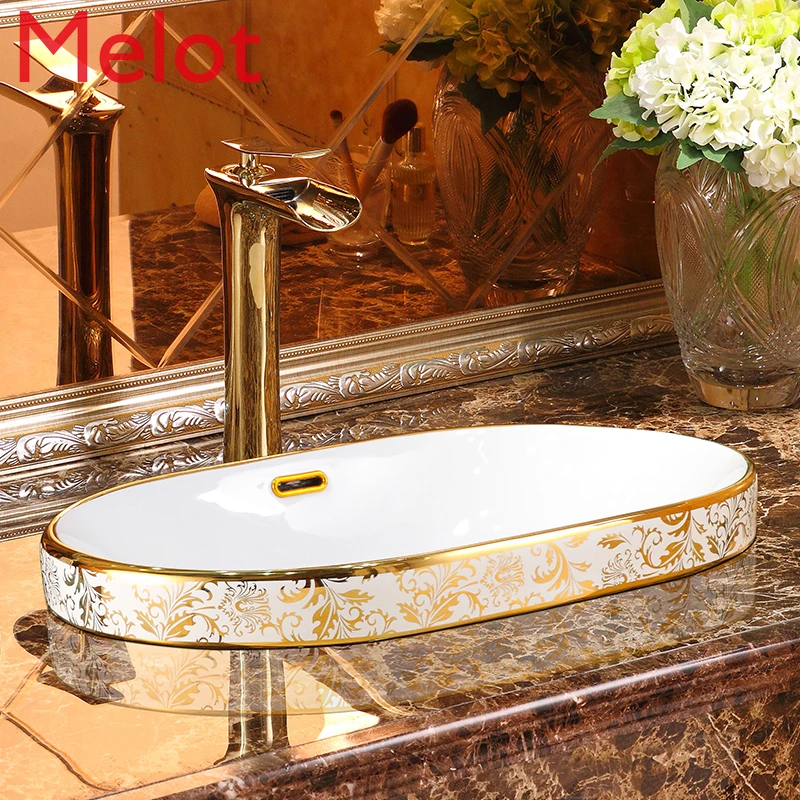 

European-style golden Taiwan basin semi-embedded Taiwan basin domestic washbasin ceramic oval hand basin