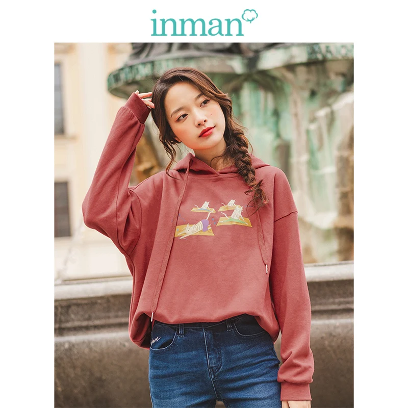 INMAN, осень, Новое поступление, хлопковые, смешанные, одноцветные, с капюшоном, с заниженным плечом, рукава, свободные, с милым принтом, женские толстовки