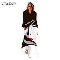 movokaka 3d face printed autumn dress 2022 long sleeve breathabl long dresses woman elegant girls casual black white dress women
