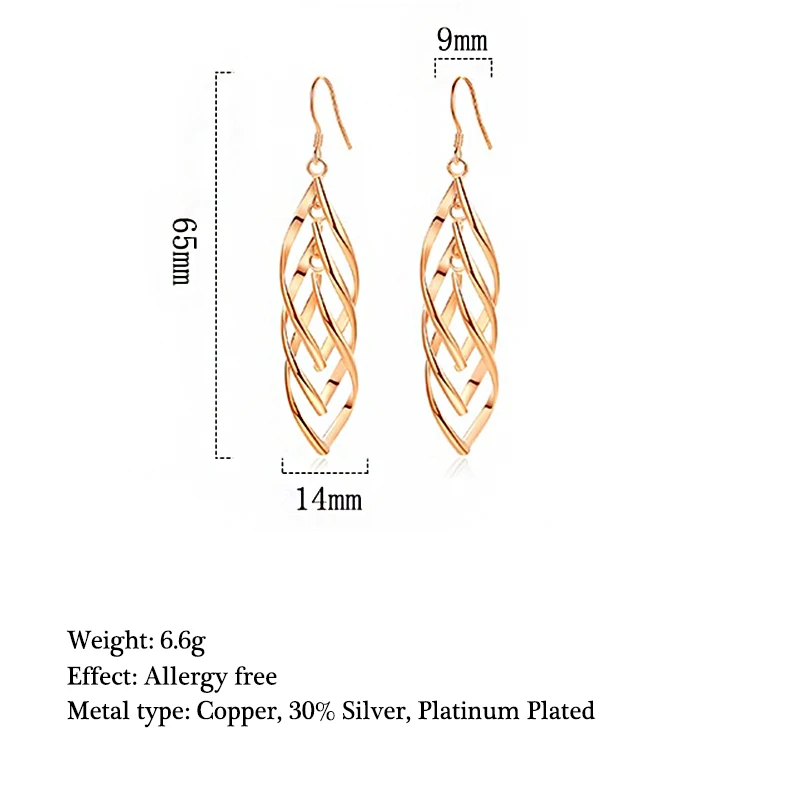 Три серьги подвески из розового золота в Корейском стиле длинные для свадебной