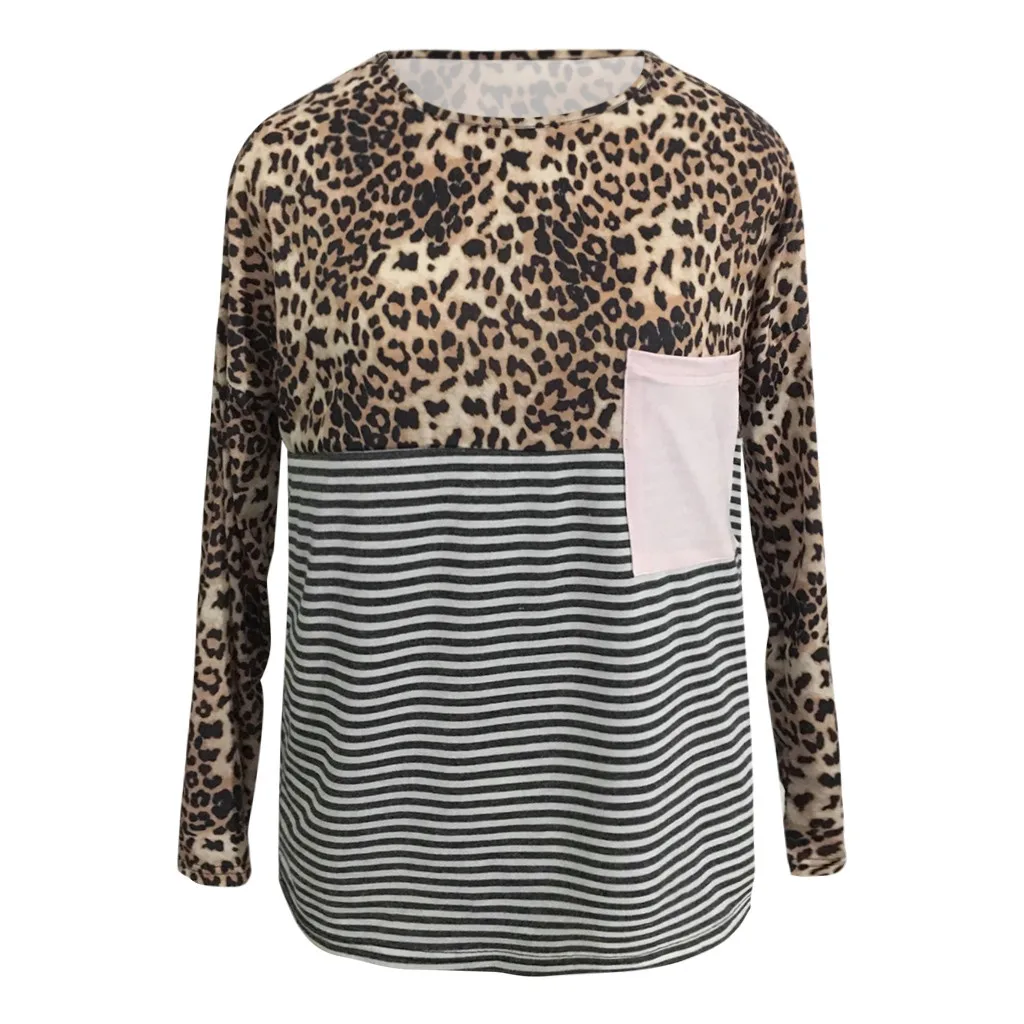 Женская леопардовая полосатая футболка размера плюс Прошитые топы с круглым