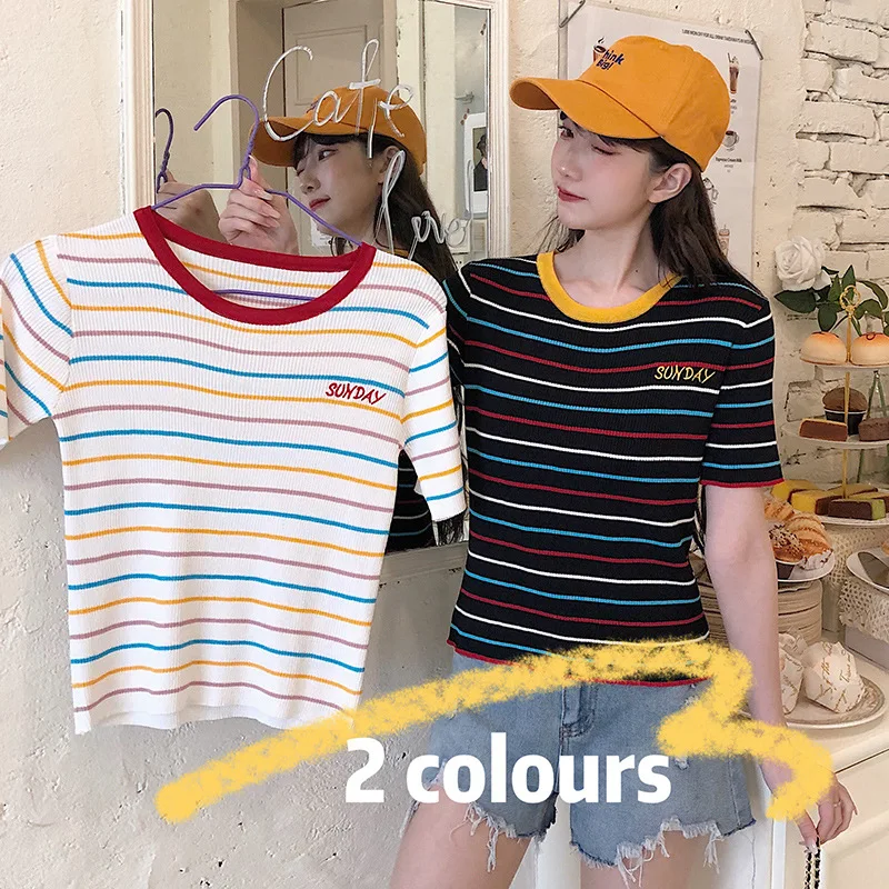 

Women Fashion Black And White Striped Blouse Shirt Casual Short Sleeve O-neck Soft Korean Shirt Ladies Women T-Shirt Spring 2021