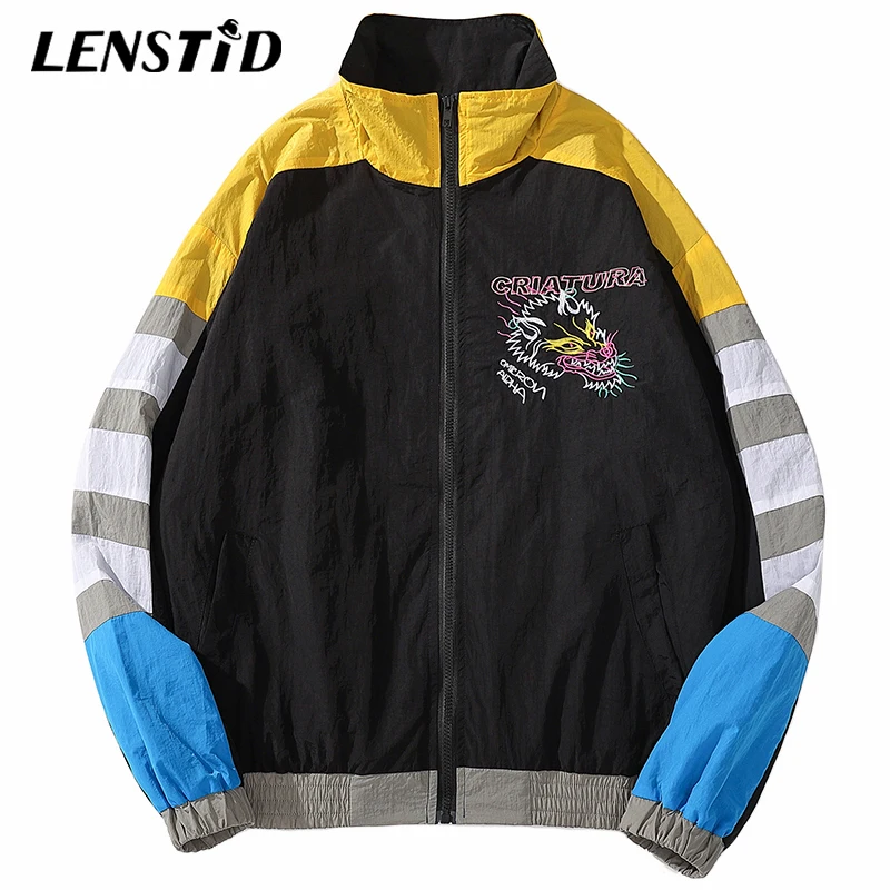 LENSTID мужские куртки в стиле хип хоп ветровка с цветными блоками Лоскутная Вышивка