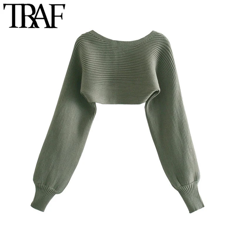 Женский укороченный вязаный кардиган TRAF винтажный Укороченный с длинным рукавом
