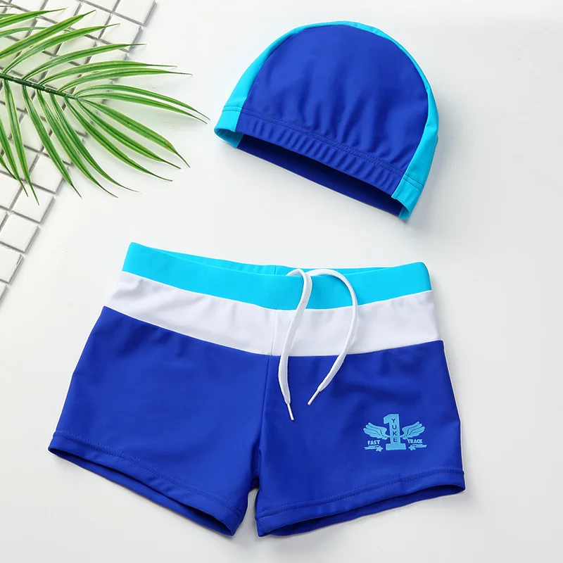 

2020 New Summer Class A Children Blue Swimming Trunks Boys Split With Hat Swimsuit Baby Breifs Quick-drying Beach-wear Clothing