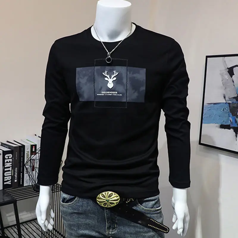 

Spring new top versatile long sleeve T-shirt personalized embroidery printing Korean Trend cotton T-shirt for men