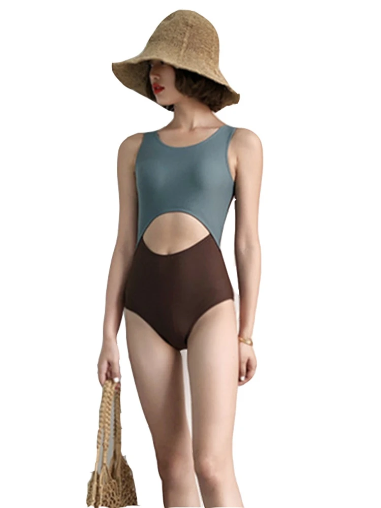 

Sexy color matching one-piece bikini small breasted steel support gathered conservatively cover belly slimming swimsuit women