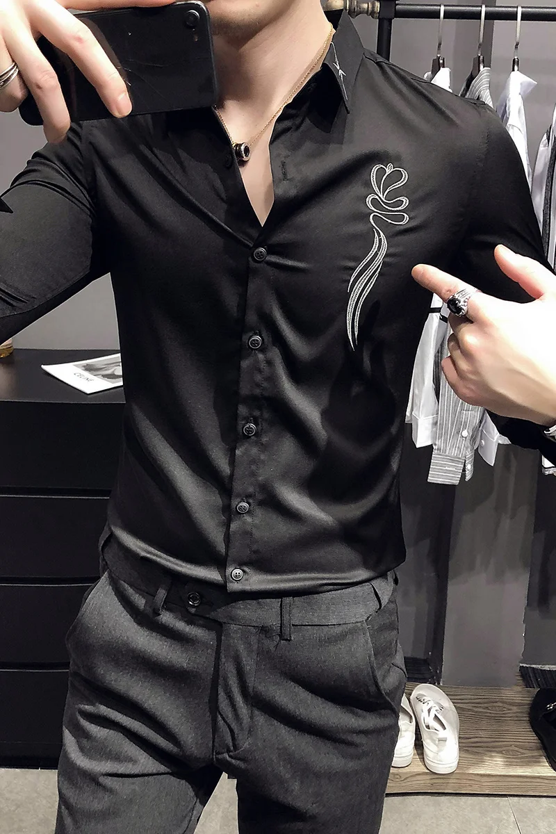 

Embroidery Casual Fashion Shirt Men Lomg Sleeve Slim Fit Formal Business Dress Shirts Streetwear Male Clothing Camisa Masculina
