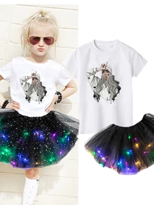 Summer Kids Short Sleeve Cartoon T-shirt+Luminous Skirt+Hairpin Girl Party Dress Star Printed Birthday Tutu Dresses Children Set