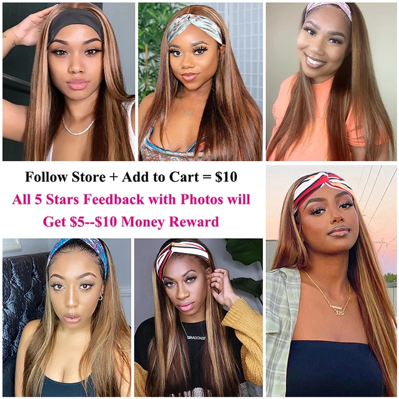

Sunber Bone Straight Human Hair Headband Wigs 10-28 Inches 150% No Glue No Gel Ombre Color Remy Hair Highlight Peruvian Wigs