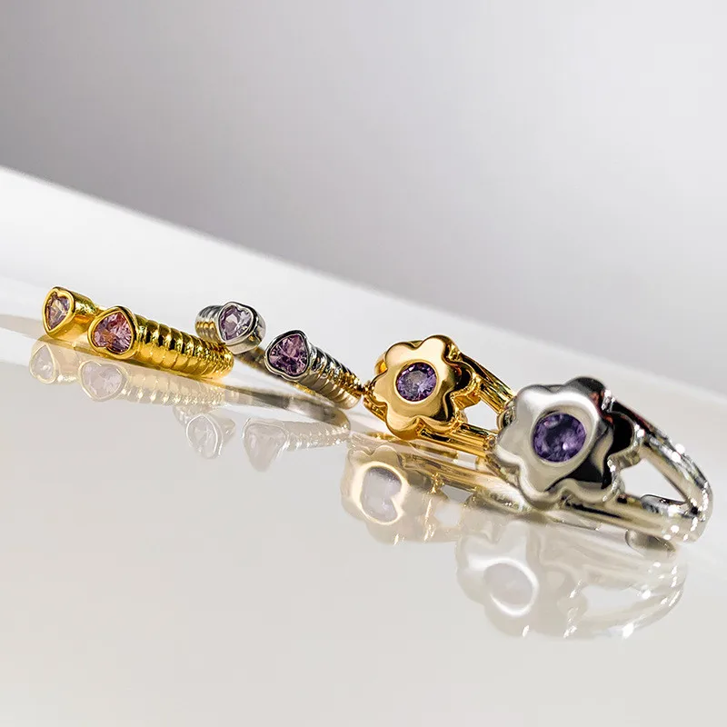 Модные открытые кольца золотого и серебряного цветов с фиолетовым цирконием для