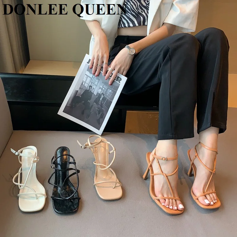 

2022 Fashion Brand Sandals Women High HeelsAnkle Strap Gladiaror Sandals Narrow Band Back Strap Sandal Summer Shoe Zapatos Mujer