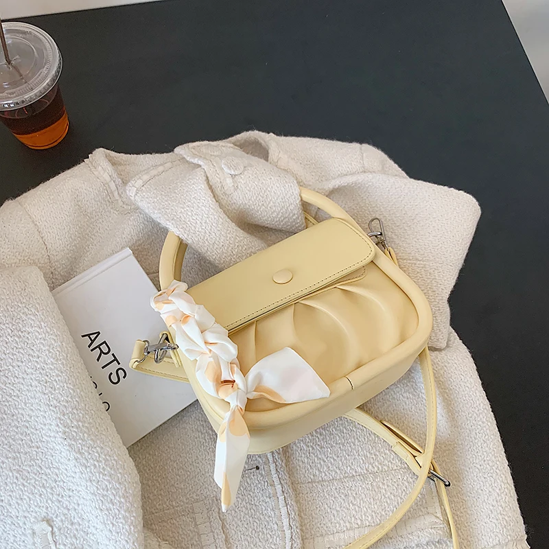 

Women's Casual Shoulder Bag Silk Scarf Design Ladies Pure Color Elegant Small Folding Handbag PU Leather Diagonal Simple Handbag