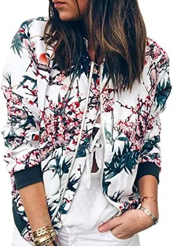 Женская легкая куртка бомбер на молнии с воротником стойкой и цветочным