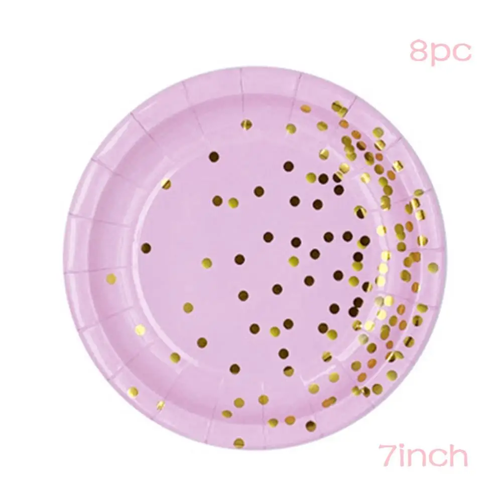 

High-quality Spotted Striped Disposable Tableware Pink Plate Cup Wooden Cutlery Happy Birthday Party Decor Kids Girl Baby Shower