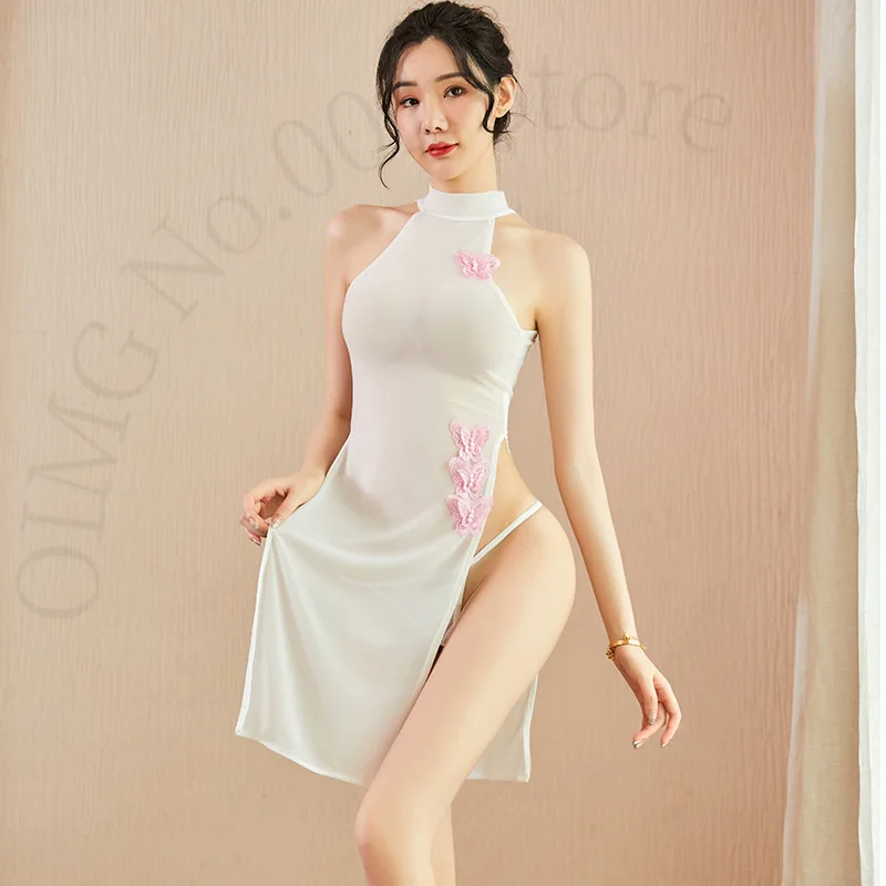 

OIMG Sexy Lingerie Feminine Lace Halter Butterfly Embroidered Transparent Cheongsam Set Temptation Split Nightdress
