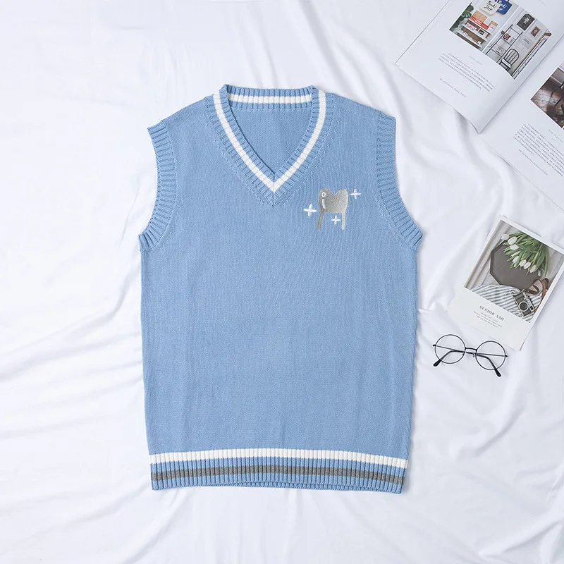 

New 2019 Japanese Cute Rabbit And Pig Embroidery Pattern School Uniform British Style Students Jk Sweaters Knitted Vest 3 Colors