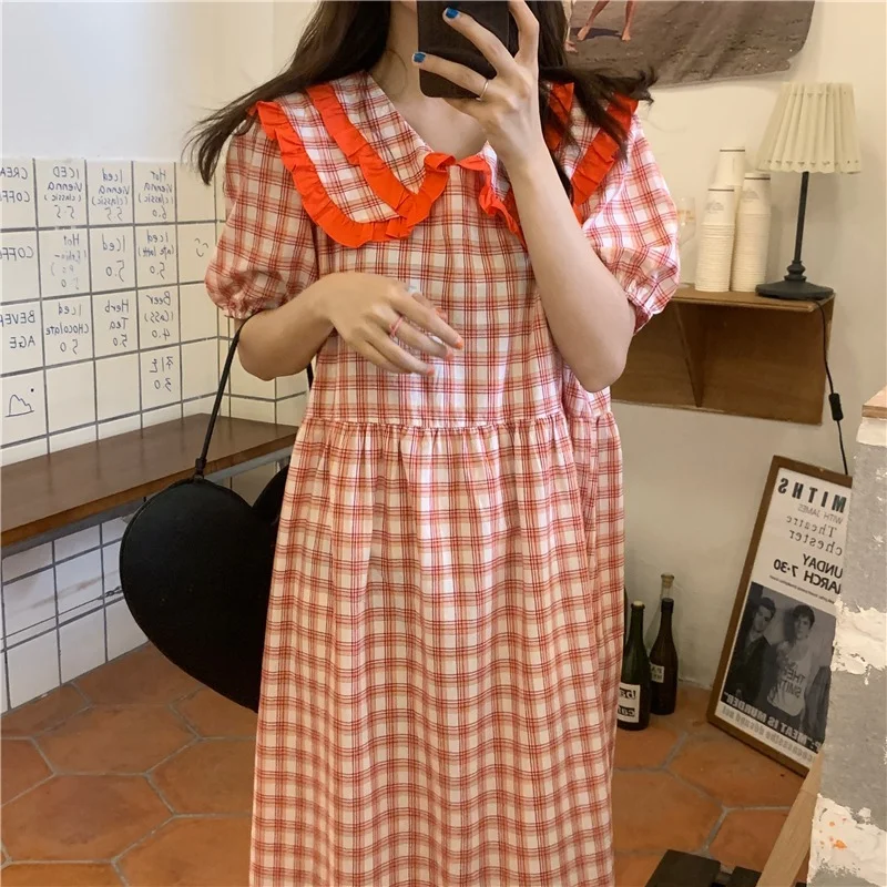 

Korejepo Women Yellow Plaid Dress 2021 Summer Korean Chic Retro Ruffles Collar Short-sleeved Female Puff Sleeve Waist Long Dress
