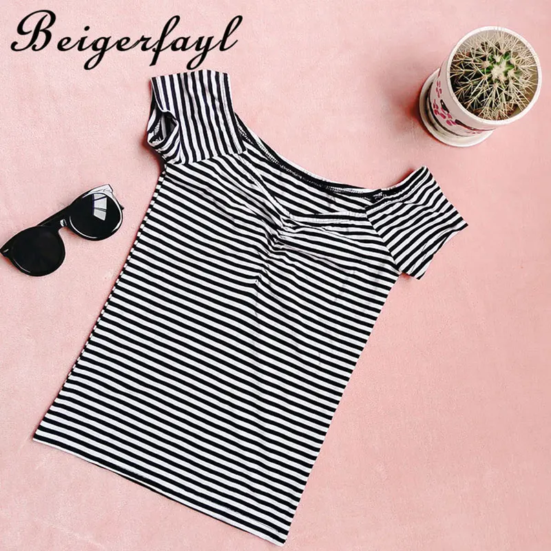 Beigerfayl футболка Camisetas Mujer Manga Corta полосатый дропшиппинг с открытыми плечами Топ для