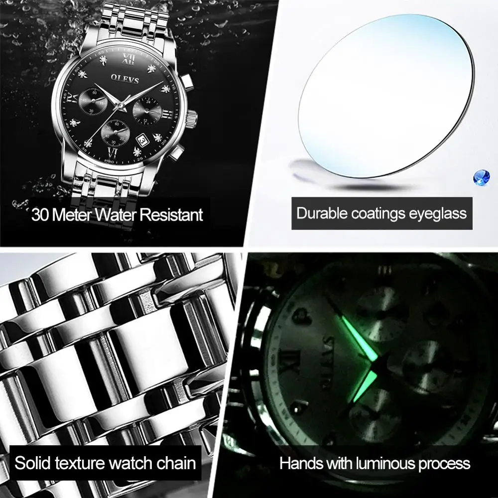

OLEVS luxury business men's watch stylish waterproof luminous stainless steel men's multi-function quartz watch