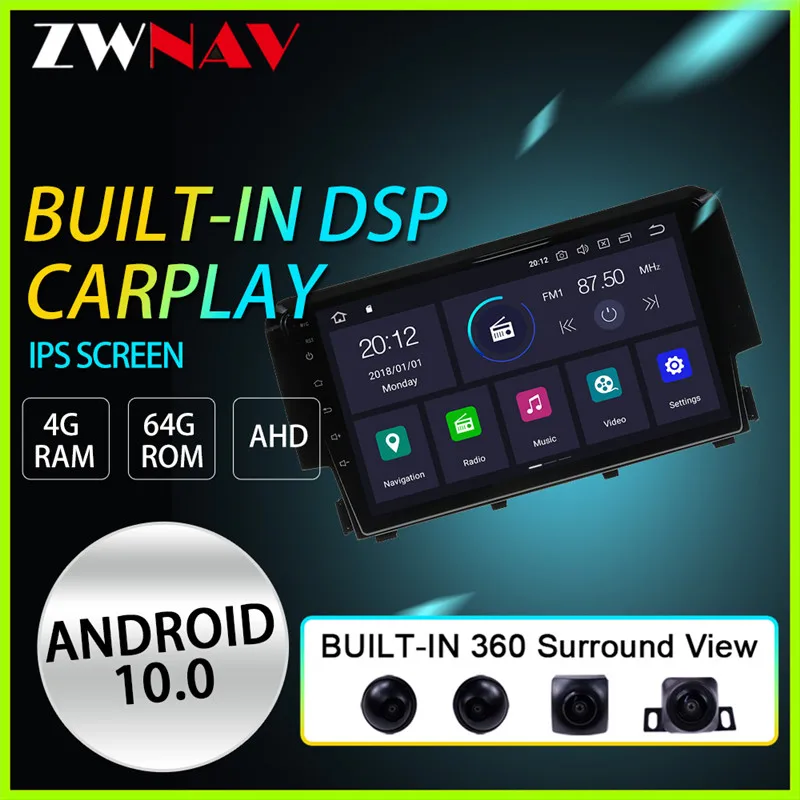 

Android 10 автомобильное радио стерео Navi gps для Honda Civic 2016 2017 Автомобильный плеер 360 панорама DSP PX6 4G64