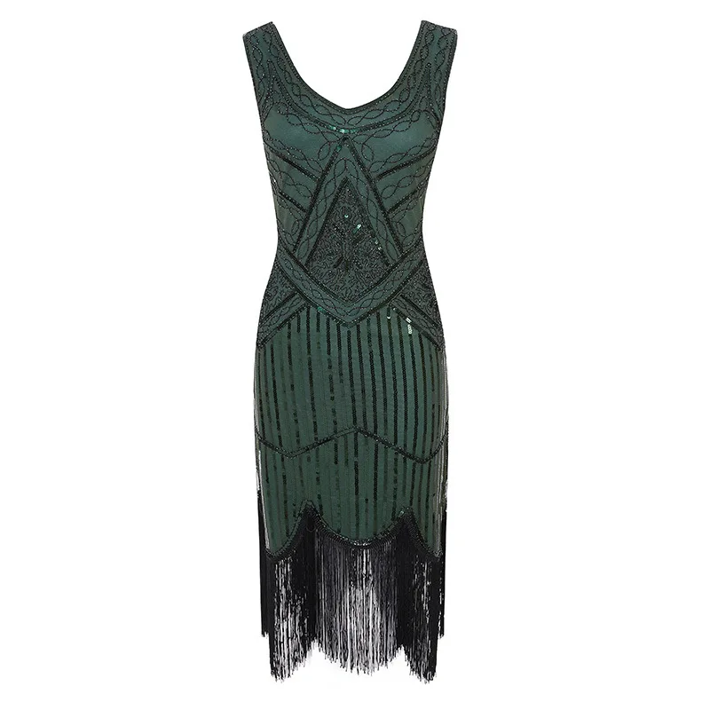 Большие размеры, S-4XL,, женское платье 1920 s, черная винтажная Хлопушка в стиле Гэтсби, плюс размер, без рукавов, с блестками, с кисточками, платья с блёсками, Vestido - Цвет: Зеленый