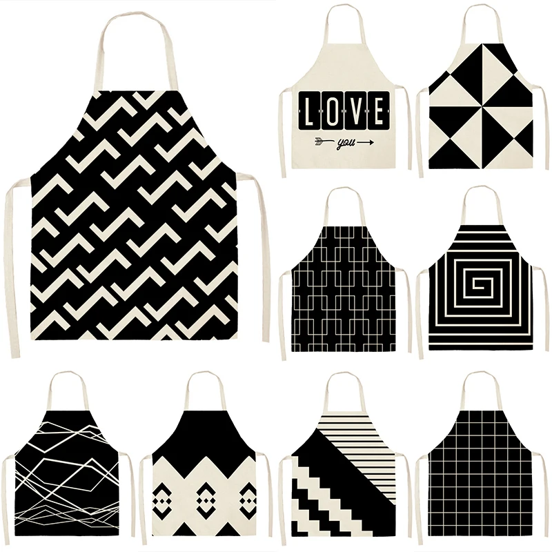 

Black Geometric Printed Pattern Kitchen Sleeveless Aprons Cotton Linen Bibs 53*65cm Household Women Cleaning Home Cooking 46493