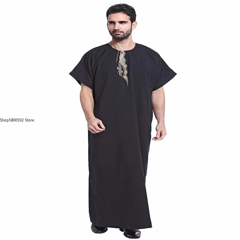 Muslim Clothing Fashion Men Robe Kaftan Accessories Embroidering Plus Size Abaya Islamic Formal Broadcloth Short Sleeve Black