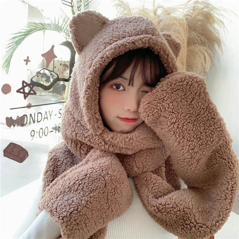 

Women Fluffy Plush Warm 3 In 1 Hooded Scarf Hat Gloves Set Cartoon Cat Ears Winter Windproof Earflap Pocket Mittens .