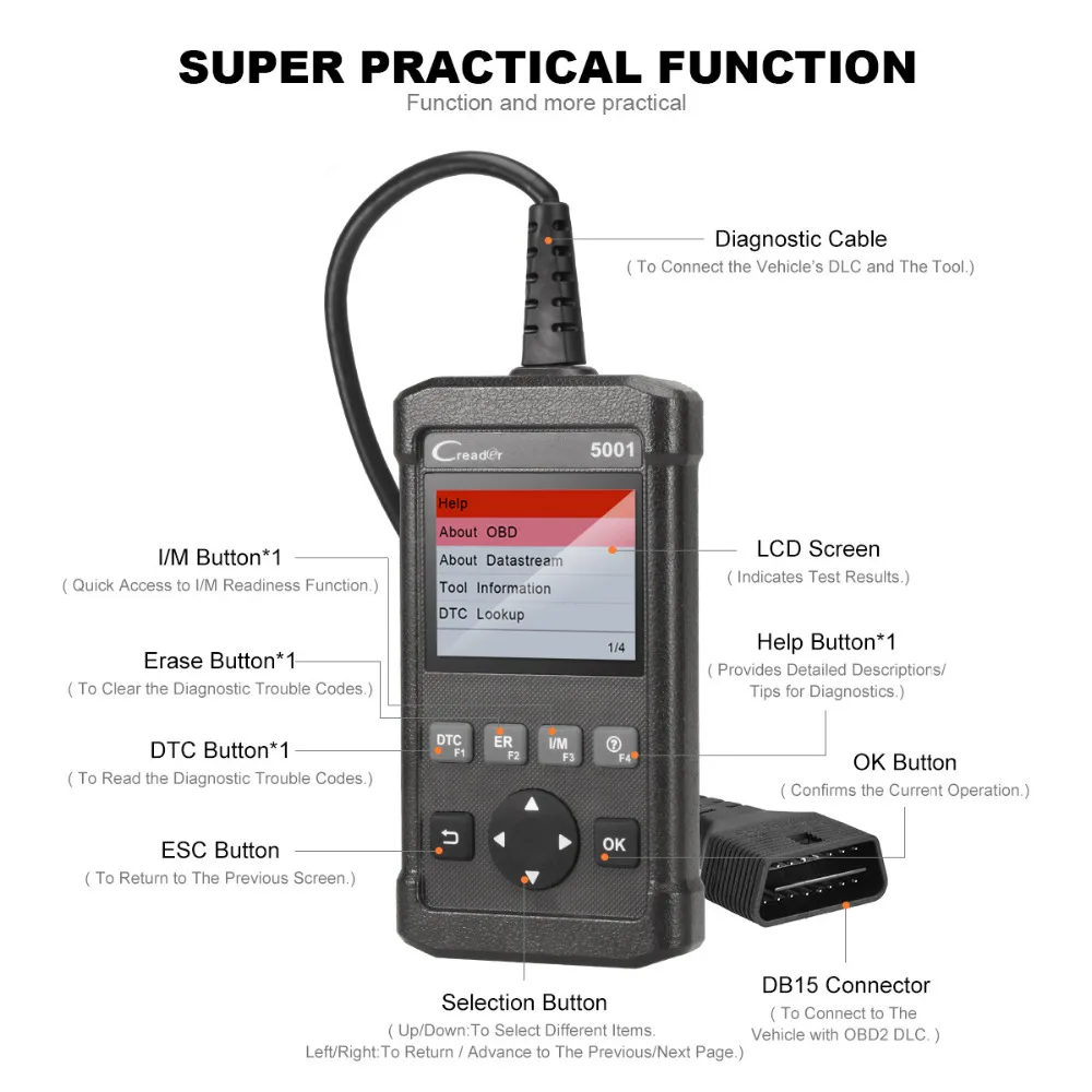 

Launch CReader 5001 Full OBDII Code Reader Support O2 Sensor Test