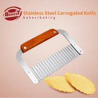 bakest 1pcs stainless steel pastry dough wave cutter with wooden handle corrugated cake scraper blade tool