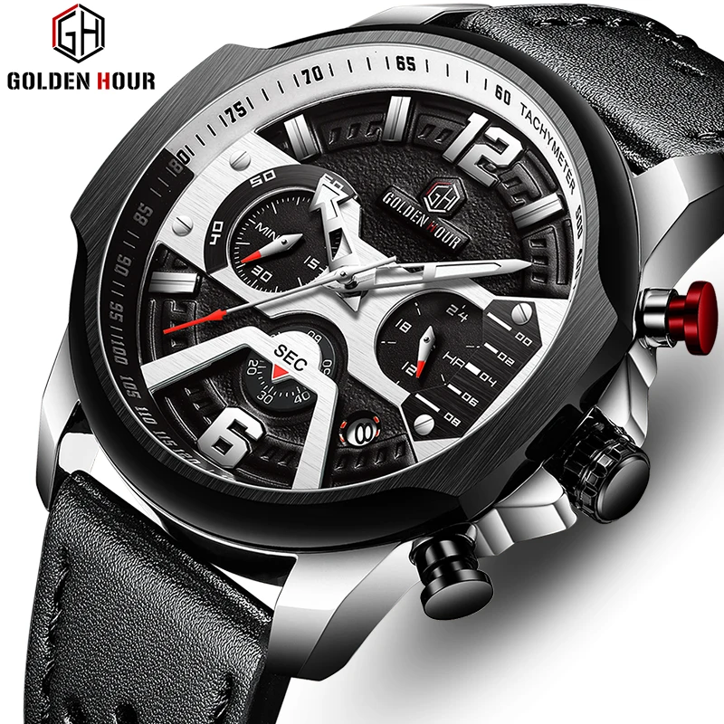 GOLDENHOUR Мужские кварцевые часы с ремешком из натуральной кожи водонепроницаемые
