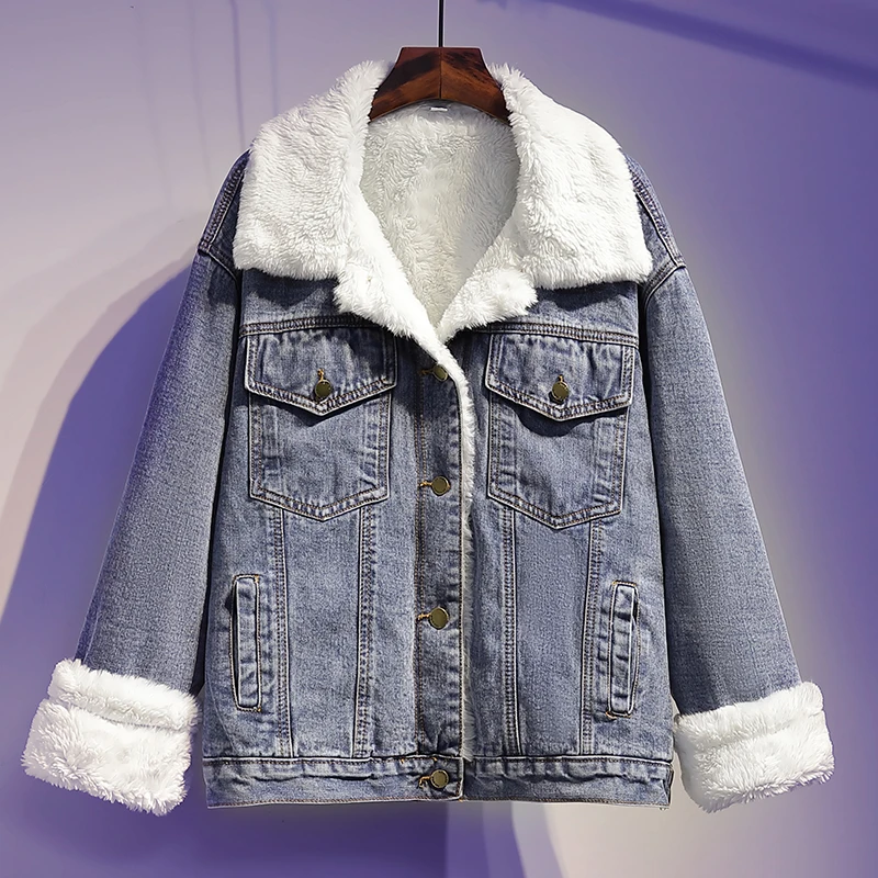 

Vintage Thick Warm Autumn Winter Jean Coat For Women Outwear Lamb Wool Coats Casual Wear on both sides Denim Jackets Snow Female