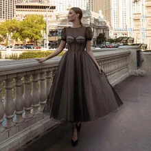 SoDigne – robe de soirée noire à pois pour femmes, col rond, manches courtes, modeste, robe de bal de forme trapèze, robes de soirée exposées  (2)