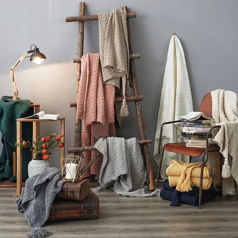 

2021 Fashion Knitting Blankets Tassel Casual Office Rest Air Conditioned Blanket Online Celebrity Sofa Home Yellow Summer Throw