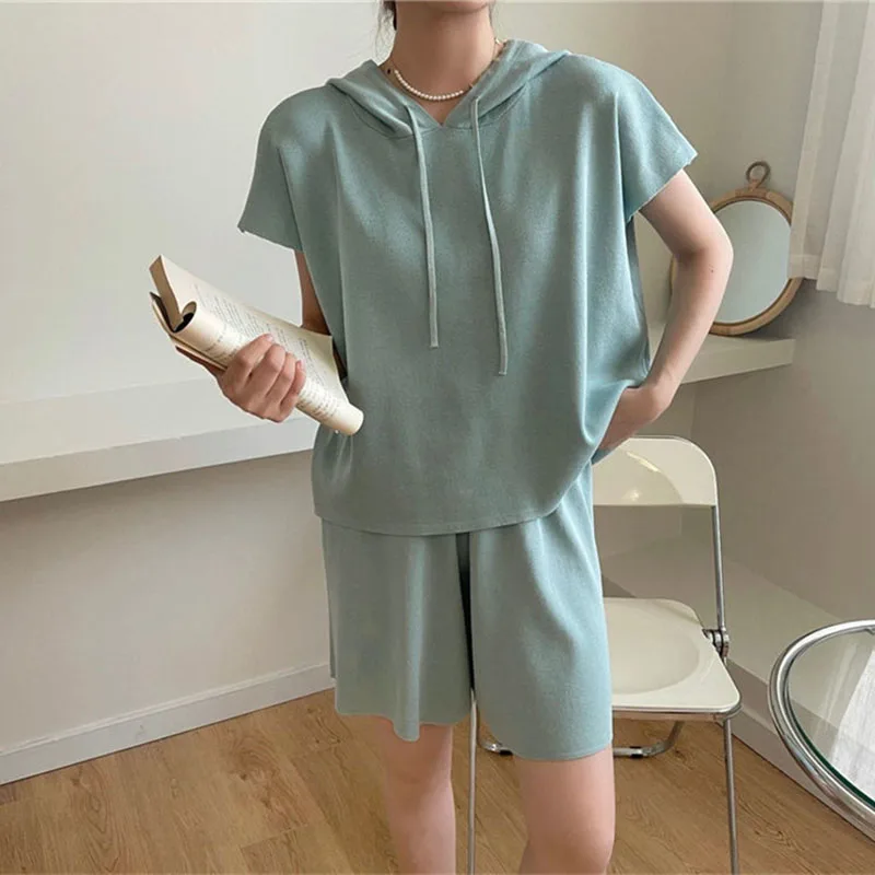 

New Ice Silk Cotton Knitted Women Tracksuit Casual Short Sleeve Hooded Tops+loose Shorts Sets Summer Suit Female Sports Clothing