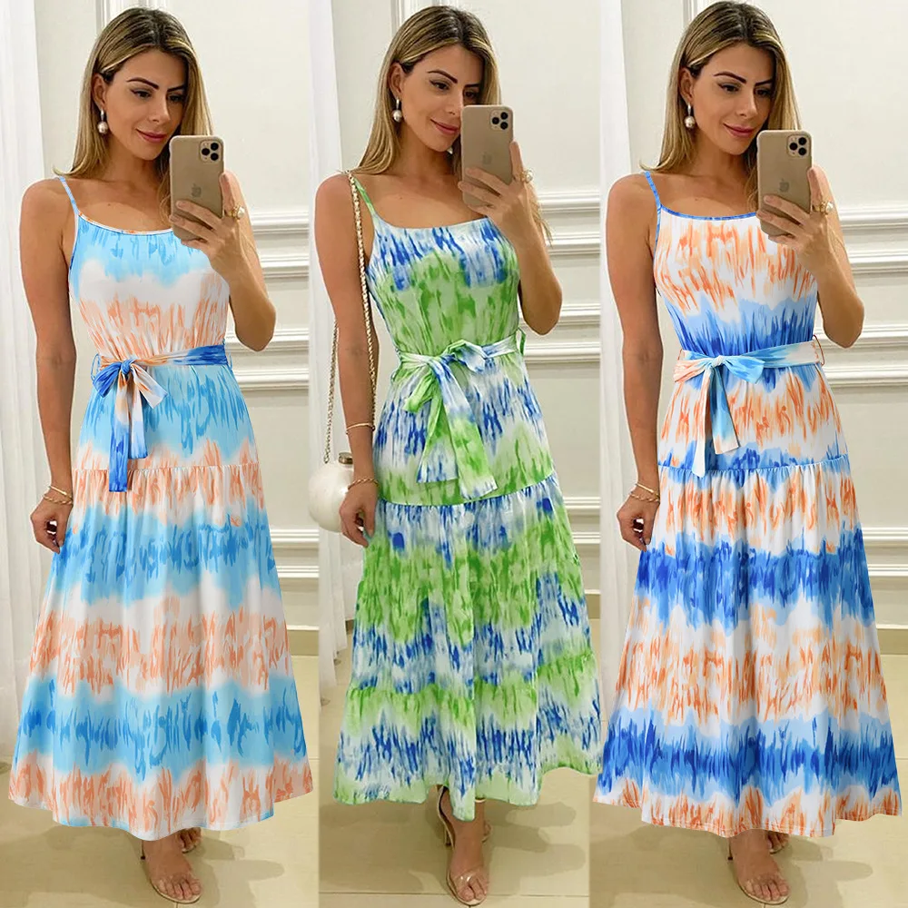 

Sleeveless Dresses Women's Bohemian Spaghetti Strap Dress Ladies Elegant Water Ripple Printed Long Dress Green Beach Sundress