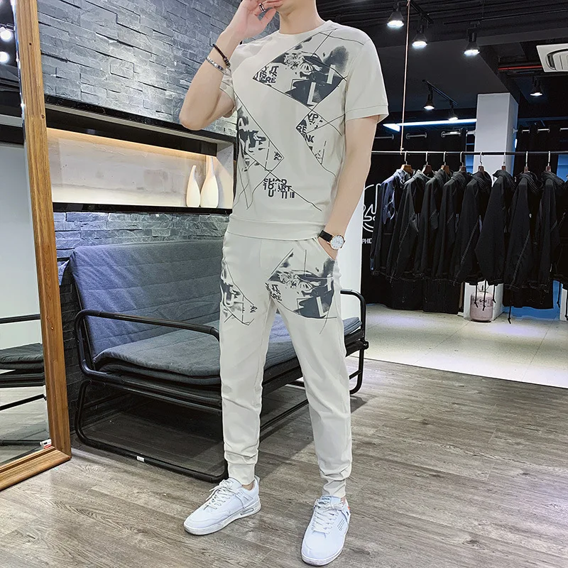 

Men's Sportswear Tracksuit Men Elastic Waist Patchwork Letter 2 Pc Set Shorts O-neck T Shirt Joggering Sports Sportsuit Clothes